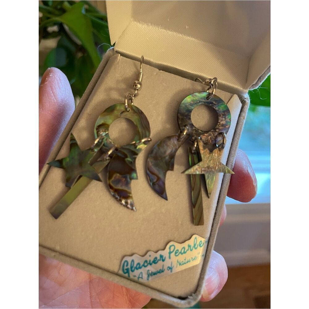 Abalone Glacier Pearls Shell Celestial Moon & Star Dangle Earrings
